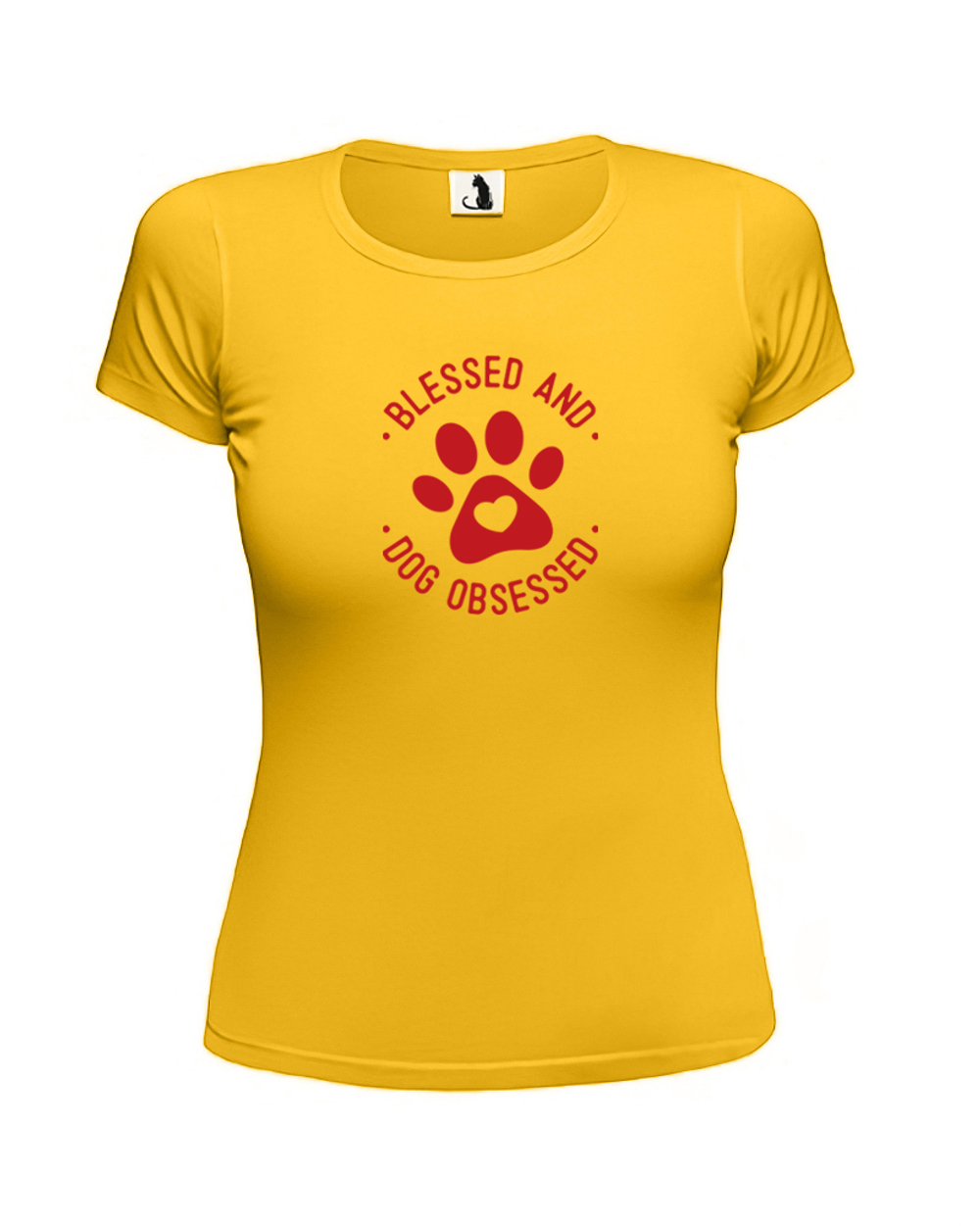 Футболка Blessed and dog obsessed женская приталенная желтая с красным рисунком