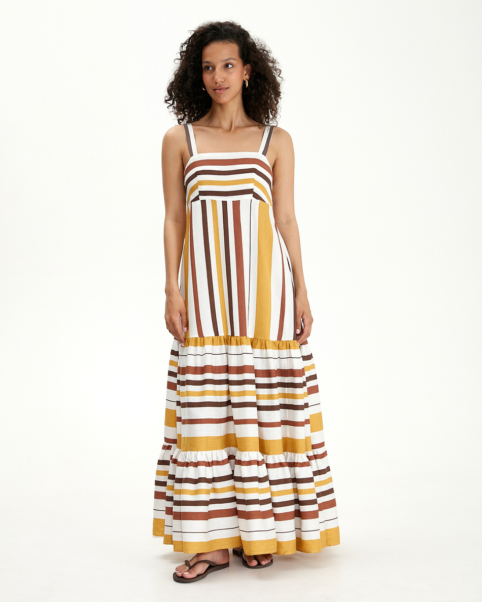Сарафан с ярусной юбкой в крупную полоску