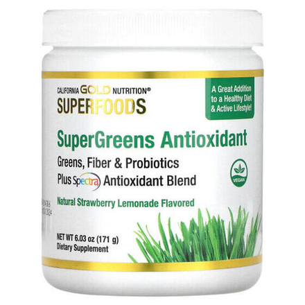 Суперфуды California Gold Nutrition, SUPERFOODS, комплекс антиоксидантов из суперзелени, зелень, клетчатка и пробиотики, со вкусом клубничного лимонада, 171 г (6,03 унции)