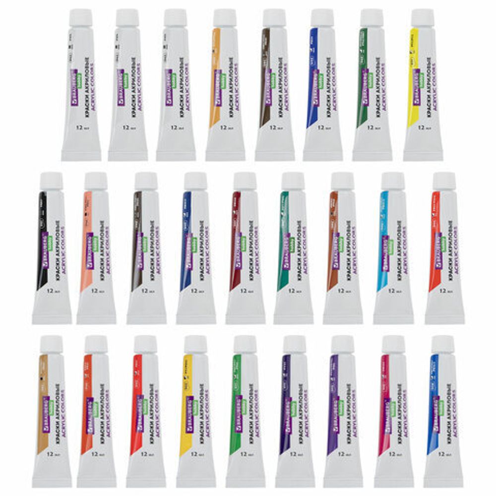 Краски акриловые художественные 26 шт. по 12 мл, холсты 3 шт., кисти 6 шт., аксессуары, 37 предметов, BRAUBERG HOBBY, 192544