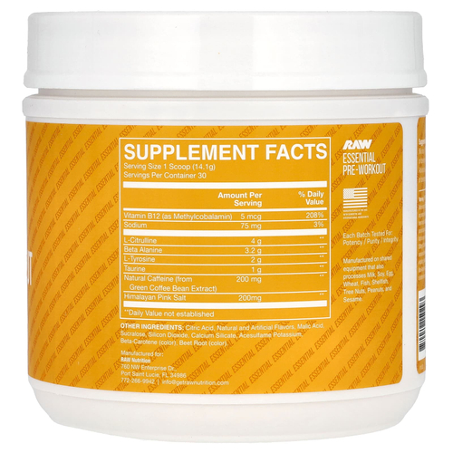 Raw Nutrition, Bum, предтренировочный комплекс, со вкусом персика и манго, 423 г (14,9 унции)