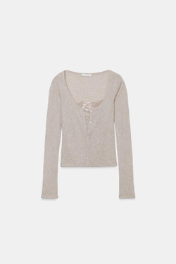 ZARA КАРДИГАН С КОНТРАСТНЫМ КРУЖЕВНЫМ ТОПОМ, ПЕСОЧНЫЙ МЕЛАНЖ