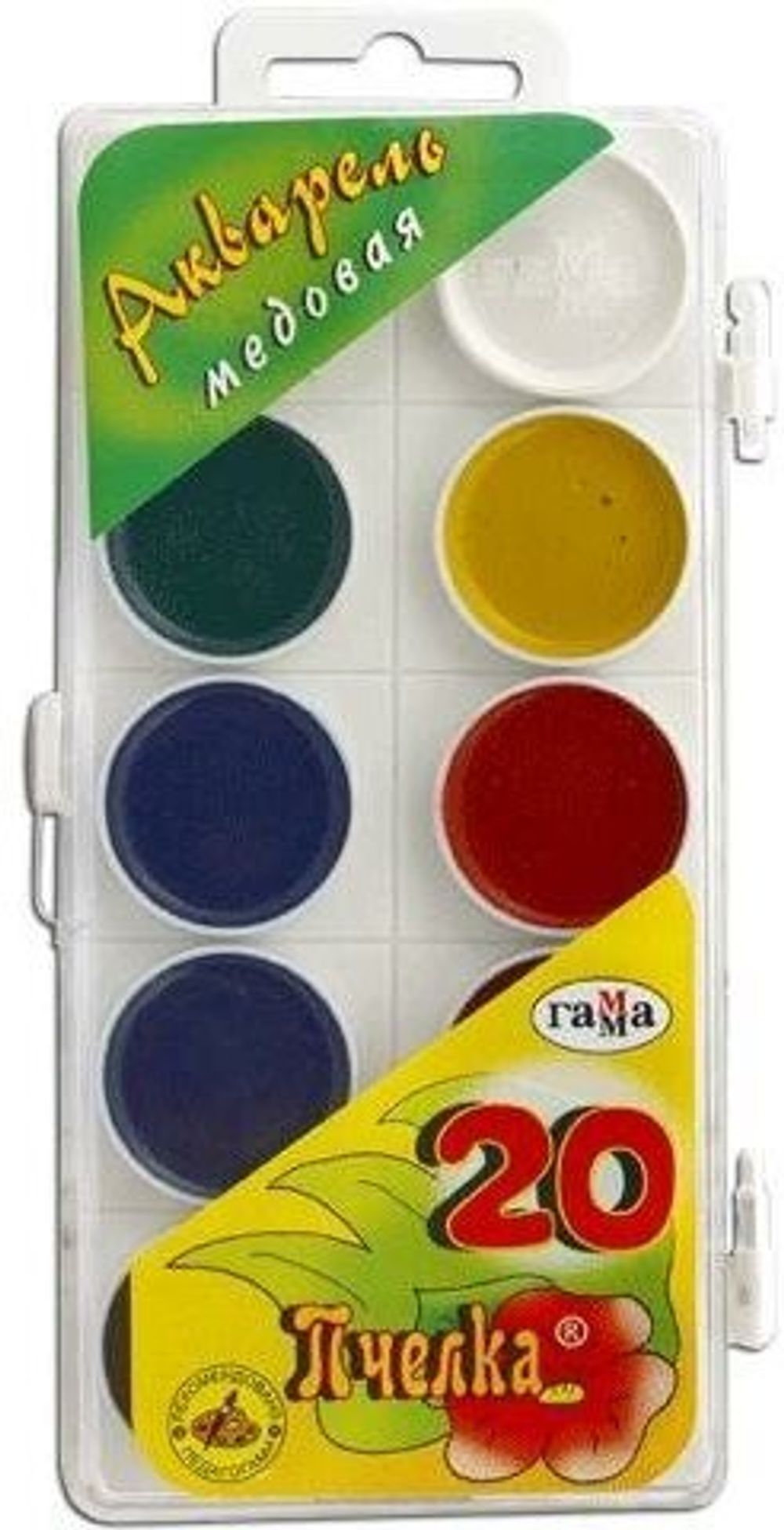 Краски акварельные ГАММА "Пчелка", 20 цветов, медовые, без кисти, пластиковая коробка, европодвес, 212033