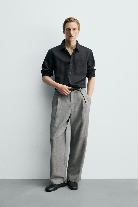 ZARA БРЮКИ RELAXED FIT ИЗО ЛЬНА И ХЛОПКА, ЭКРЮ/ЧЕРНЫЙ