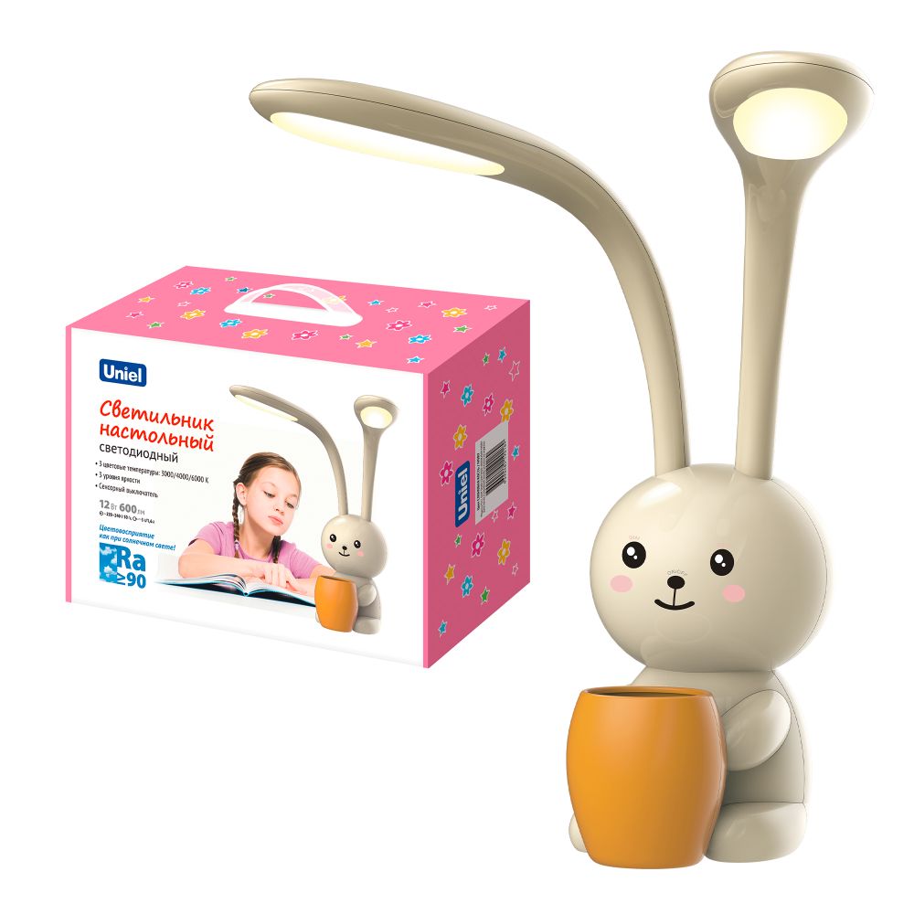 ULM-D160 12W-3000-6000K-DIM IVORY Светильник настольный светодиодный Заяц. с подставкой под канцелярские принадлежности. Сенсорный выключатель. Диммер. Слоновая кость. TM Uniel