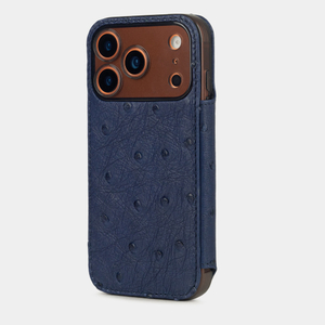 Чехол-книжка кожаная для iPhone 17 Pro, страус синего цвета
