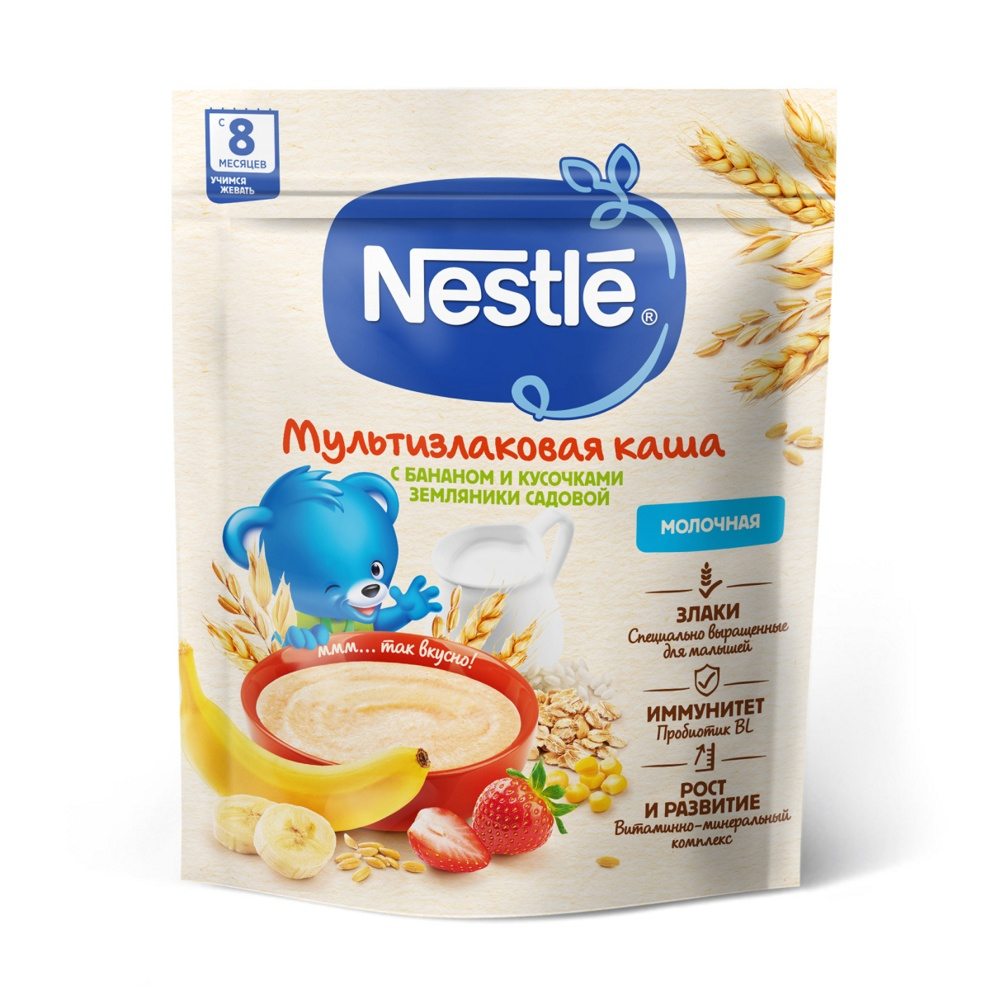 Каша Nestle мультизлаковая с бананом и кусочками земляники 200 гр
