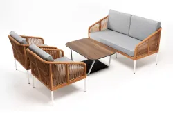 "Канны" лаунж-зона 4-местная из роупа со столом "Глория" цвет "дуб", каркас алюминиевый светло-серый, роуп оранжевый меланж