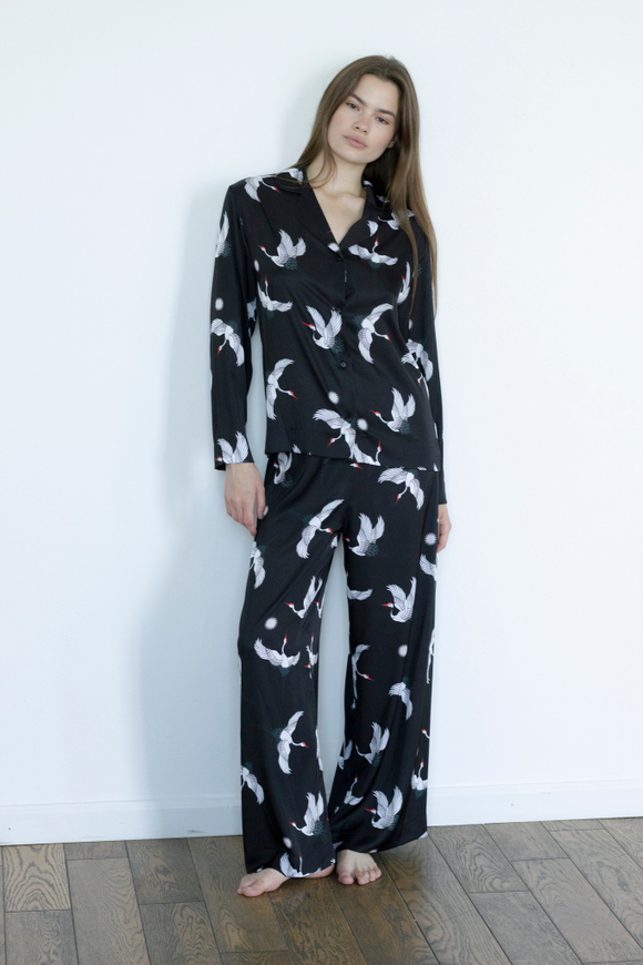 Брюки из натурального шелка с журавлями