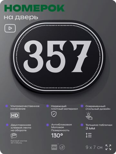 Номерок на дверь квартиры 357, для кабинета, офиса, шильдик 9 х 7 см, черный, Айдентика Технолоджи
