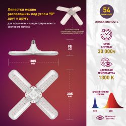 Фитолампа для растений светодиодная ЭРА FITO-36W-RB-E27-FOLD 4-х лепестковая красно-синего спектра 36 Вт Е27