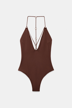 ZARA ОДНОТОННЫЙ КУПАЛЬНИК С ЛЮВЕРСАМИ, КОРИЧНЕВЫЙ