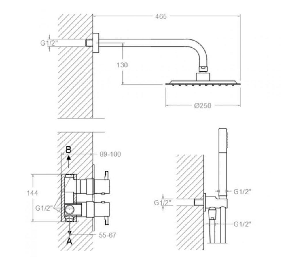 Встраиваемый термостатический смеситель для душа на 2 выхода с троп и руч душем ODISEA K3987021OC