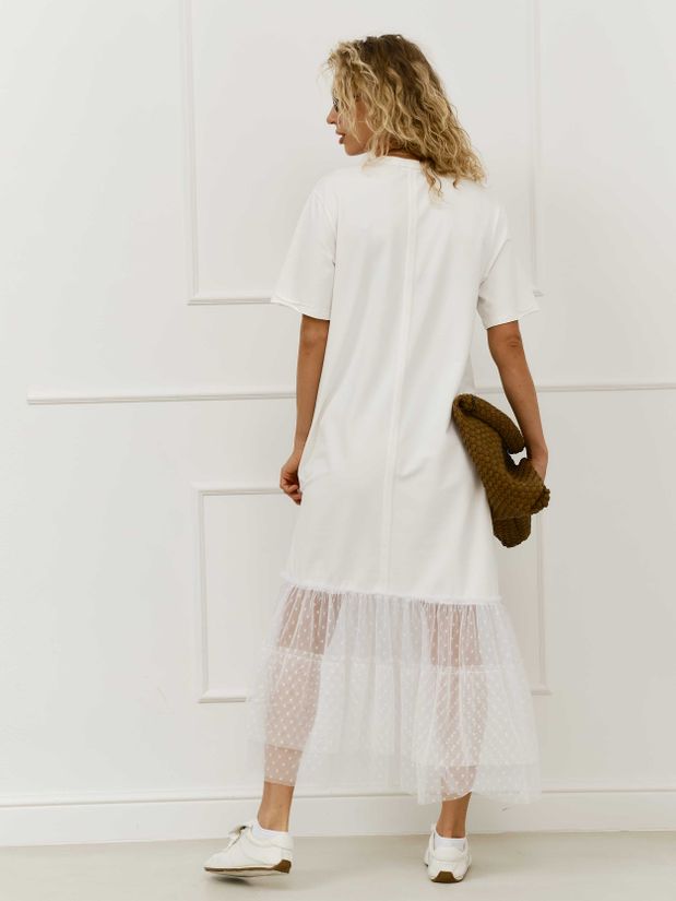 Платье трикотажное макси,с воланом из сетки, молочный