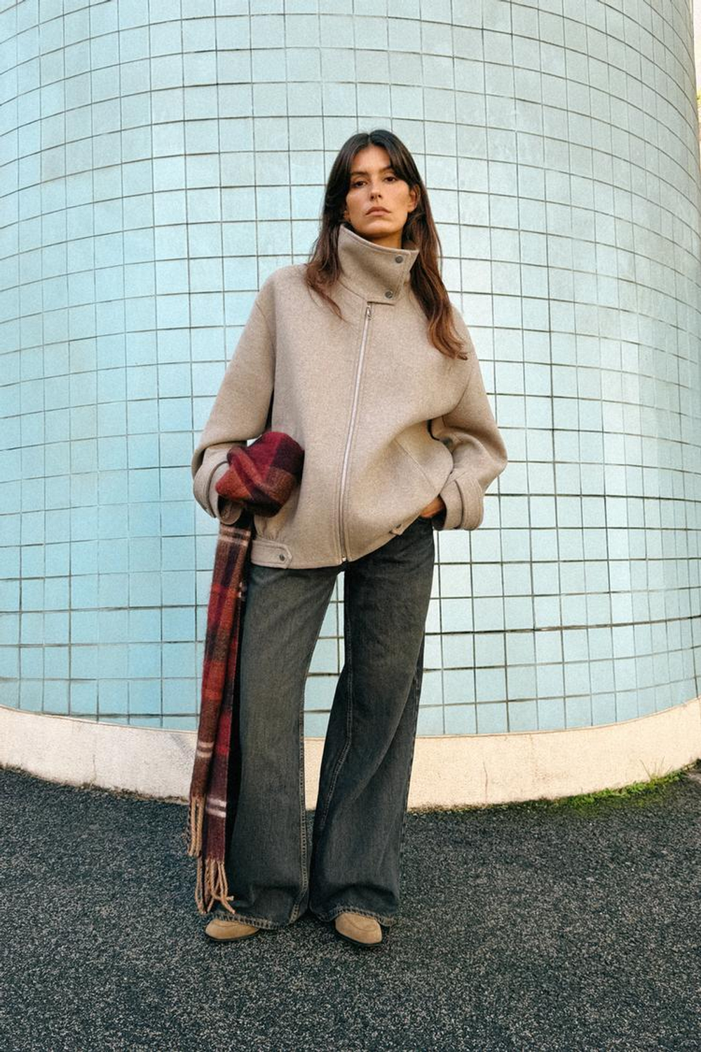 ZARA БОМБЕР ИЗ ШЕРСТИ С ВЫСОКИМ ВОРОТНИКОМ, СВЕТЛЫЙ СЕРО-КОРИЧНЕВЫЙ