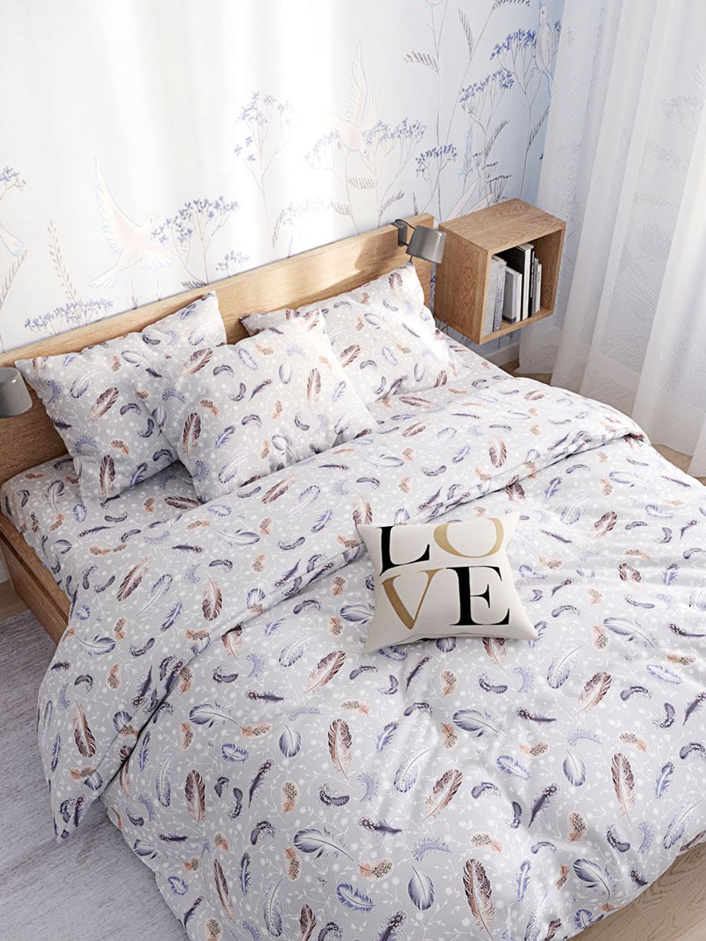 Постельное белье Сказка "Перышко" евро Наволочка 70х70 см 2 шт Простынь на резинке 180х200 см Пододеяльник 200х215 см, перкаль