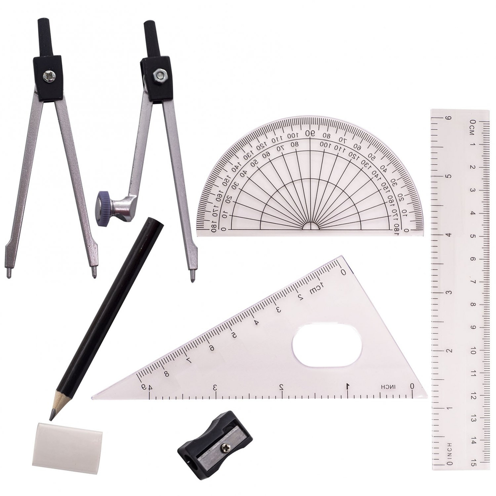 Готовальня Alingar, 11 предметов, металлический циркуль, кронциркуль,карандаш, набор линеек 4 шт, трафарет 2 шт, ластик, точилка, пластиковый футляр