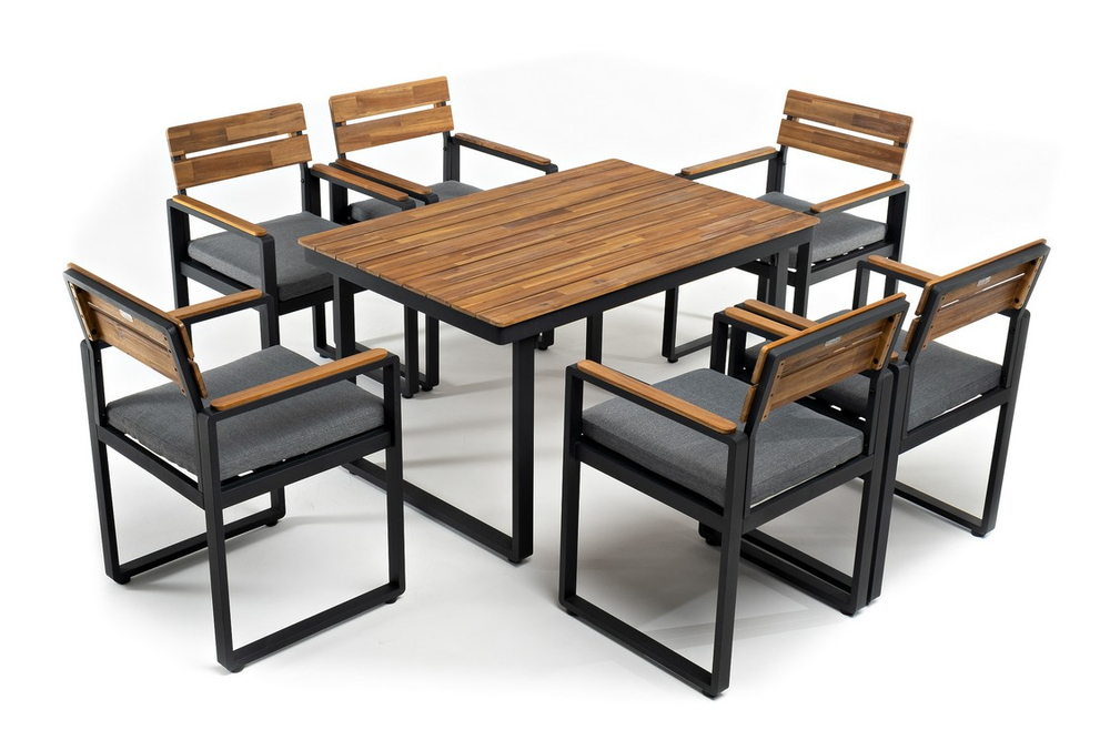 Обеденная группа из алюминия Joygarden ТОПА M, Natural Teak, темно-серый графит, серый антрацит