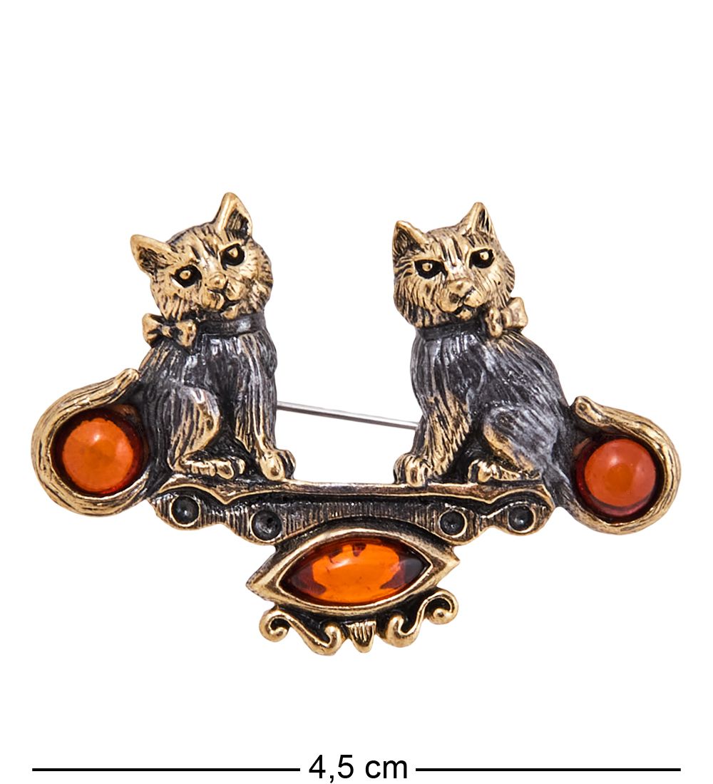AM-3883 Брошь «Коты на качелях» (латунь, янтарь)