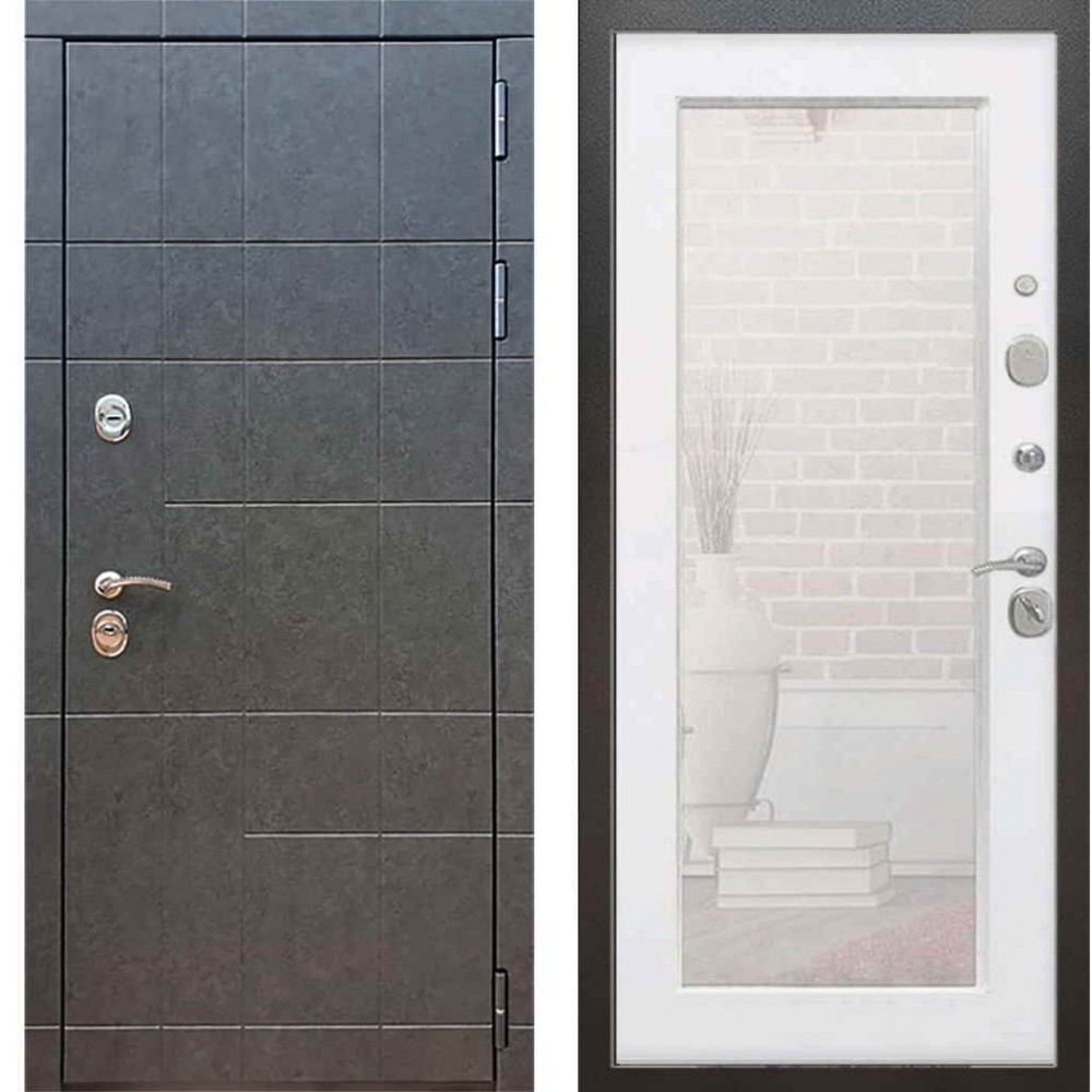 Входная металлическая дверь с зеркалом Rex 21 Штукатурка графит Пастораль Силк сноу