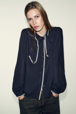 ZARA БЛУЗА С БАНТОМ, СИНИЙ