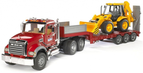 Тягач с прицепом–платформой MACK с колёсным экскаватором–погрузчиком JCB 4CX