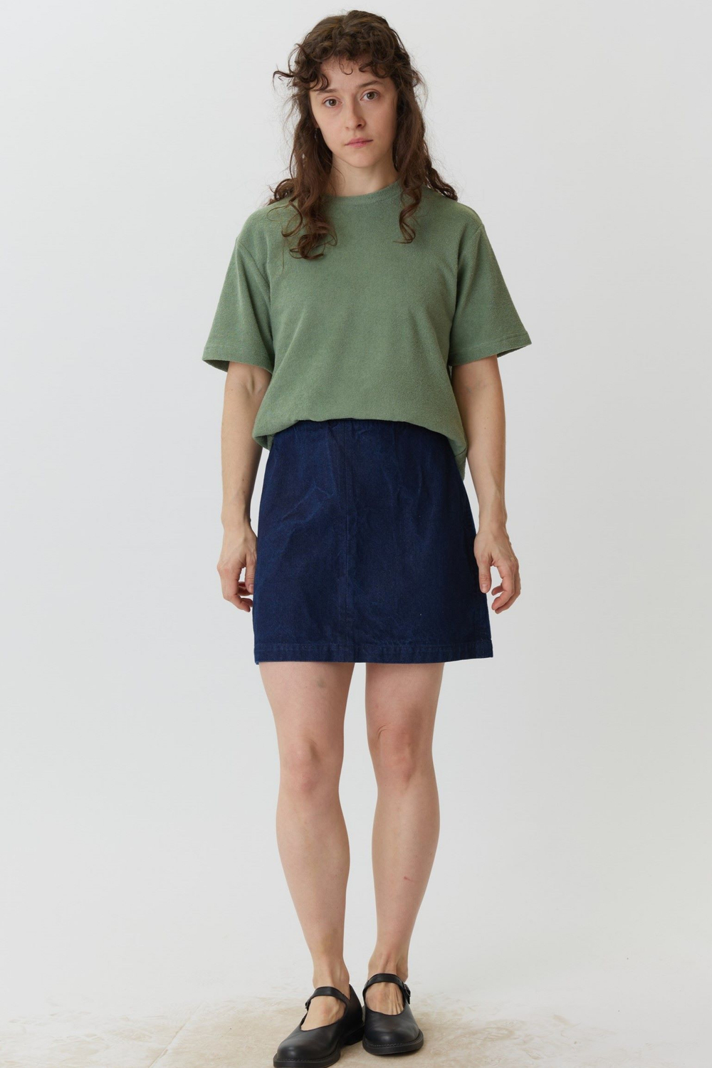 Футболка прямого кроя салатового цвета из махрового хлопка