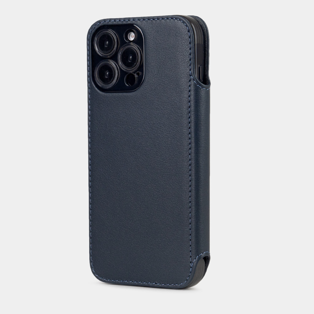 Чехол-книжка кожаная для iPhone 16 Pro, теленок синего цвета