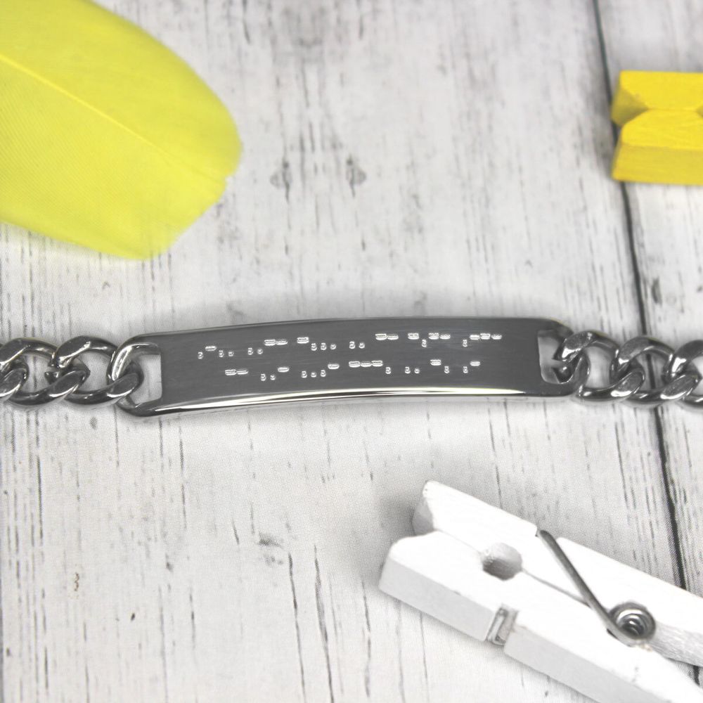 Стальной узкий браслет на цепочке с гравировкой азбуки Морзе на заказ