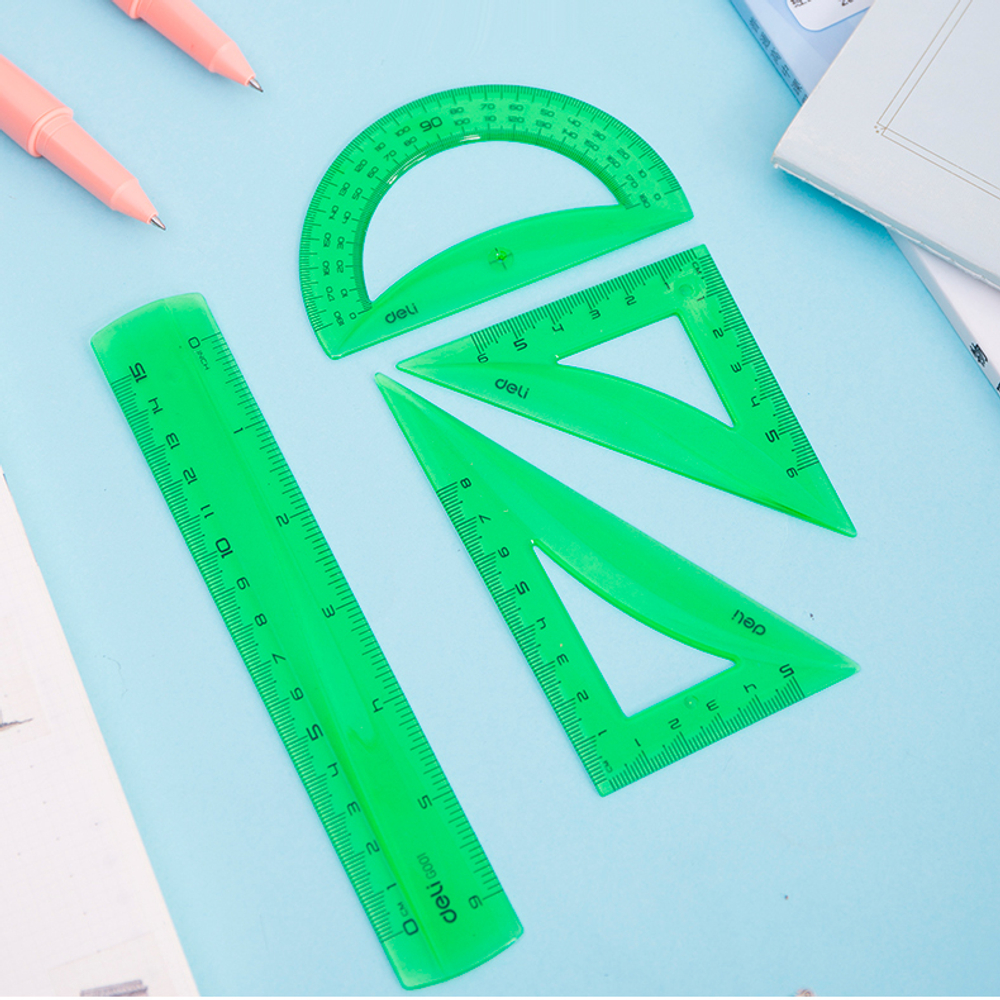 Набор линеек Deli "Pioneer" (треугольник .2 шт, линейка 15 см,транспортир), ассорти
