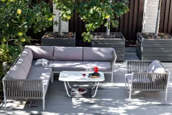 "Касабланка" диван модульный плетеный из роупа, каркас алюминий, роуп серо-коричневый 23мм, ткань бежевая 052