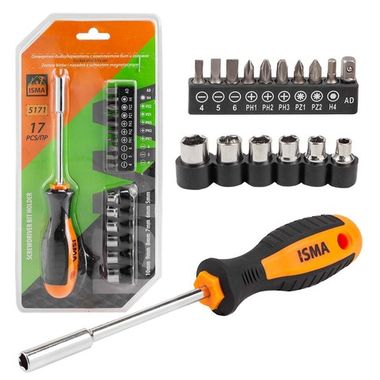 Отвертка-битодержатель с комплектом бит и головок 17пр.,в блистере ISMA ISMA-5171