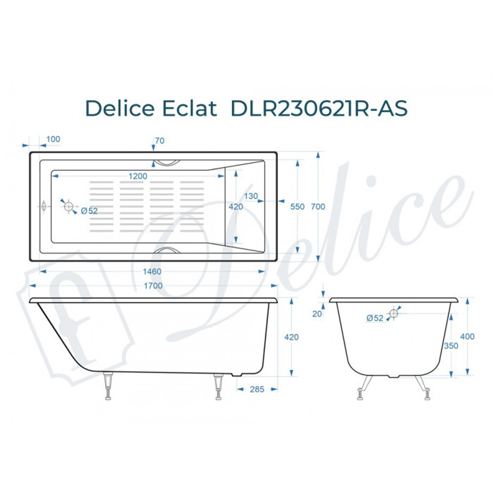 Ванна чугунная Delice Eclat 170х70 с отверстиями под ручки и антискользящим покрытием DLR230621R-AS