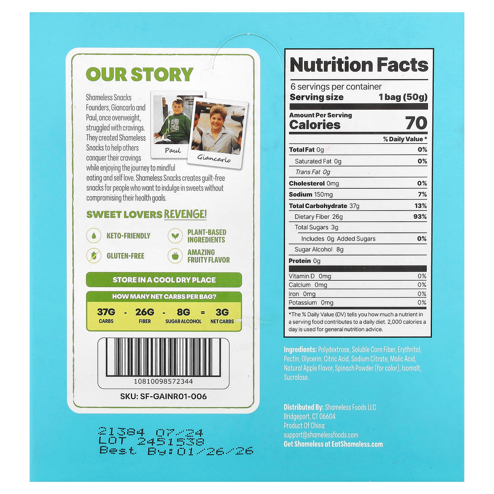 Shameless Snacks, Gummy Candy, Green Apple Blast®, 6 пакетиков по 50 г (1,8 унции)