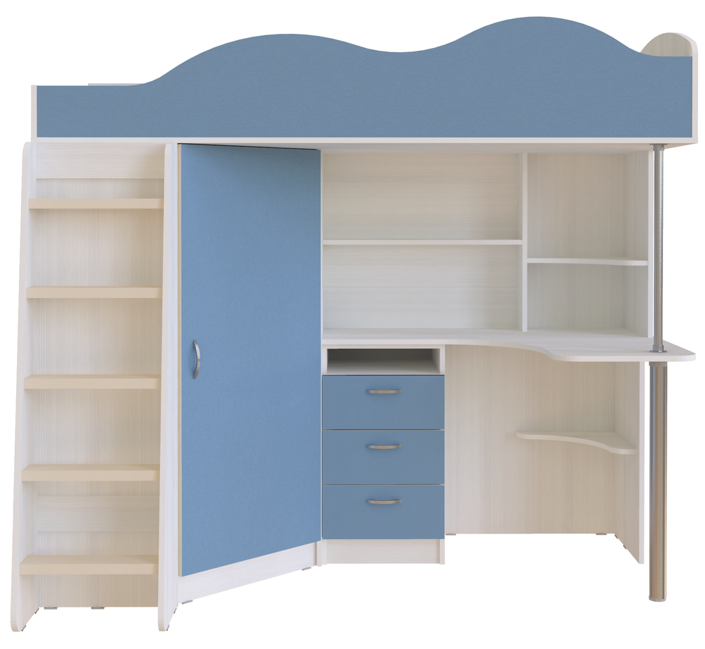 Кровать-чердак КарИВи Пионер с деревянной лестницей Белое Дерево Светло-синий, голубой