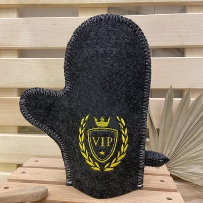 Варежка банная серая с вышивкой "ВИП" 30% шерсть/70% полиэфир