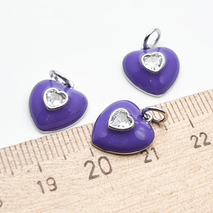 Подвеска сердце, цвет серебро (родий)+фиолетовый, фианит, размер 13*12 мм, цена за 1 шт