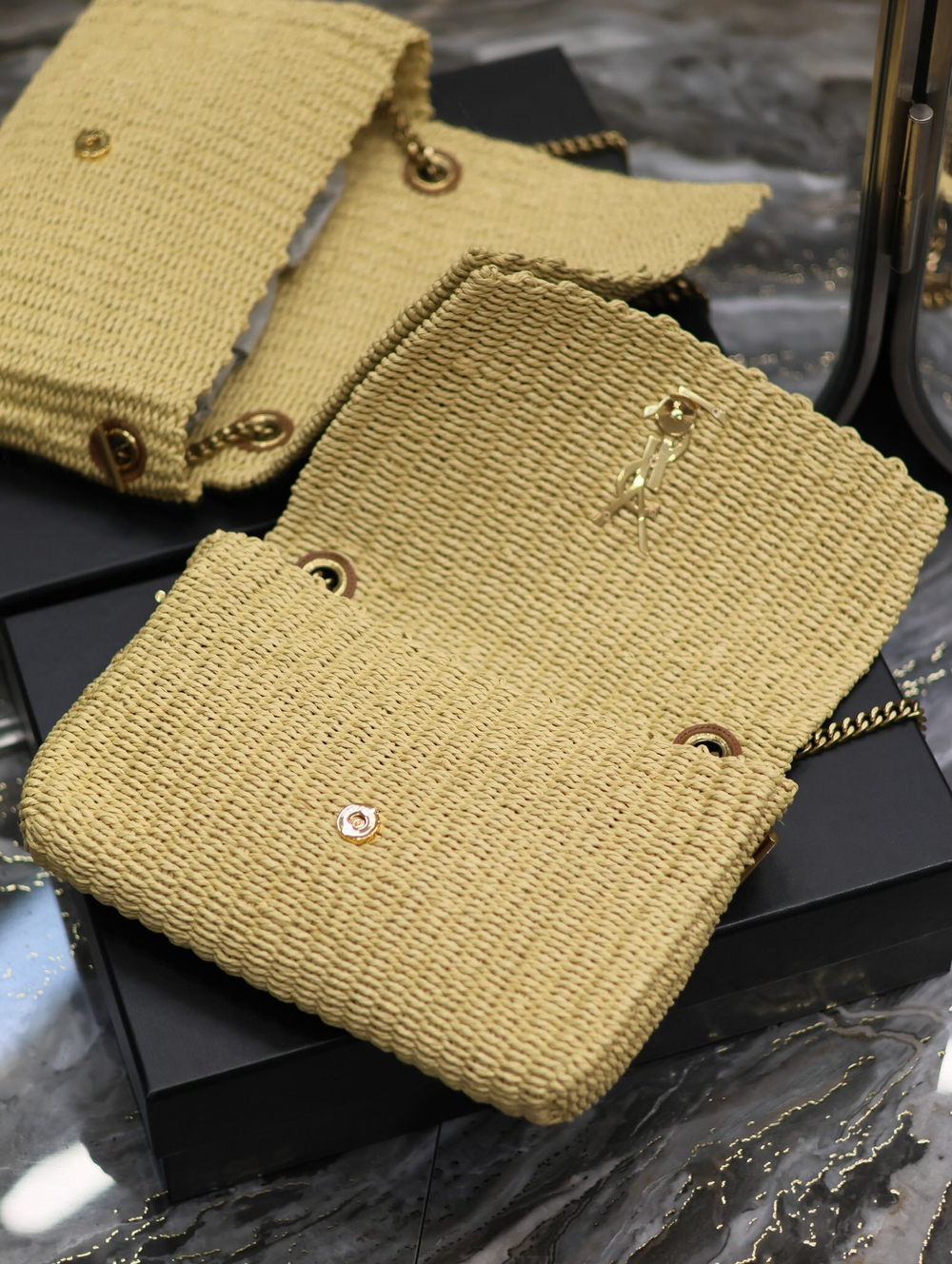Saint Laurent Kate Medium Supple Chain Bag in Raffia 28 cm