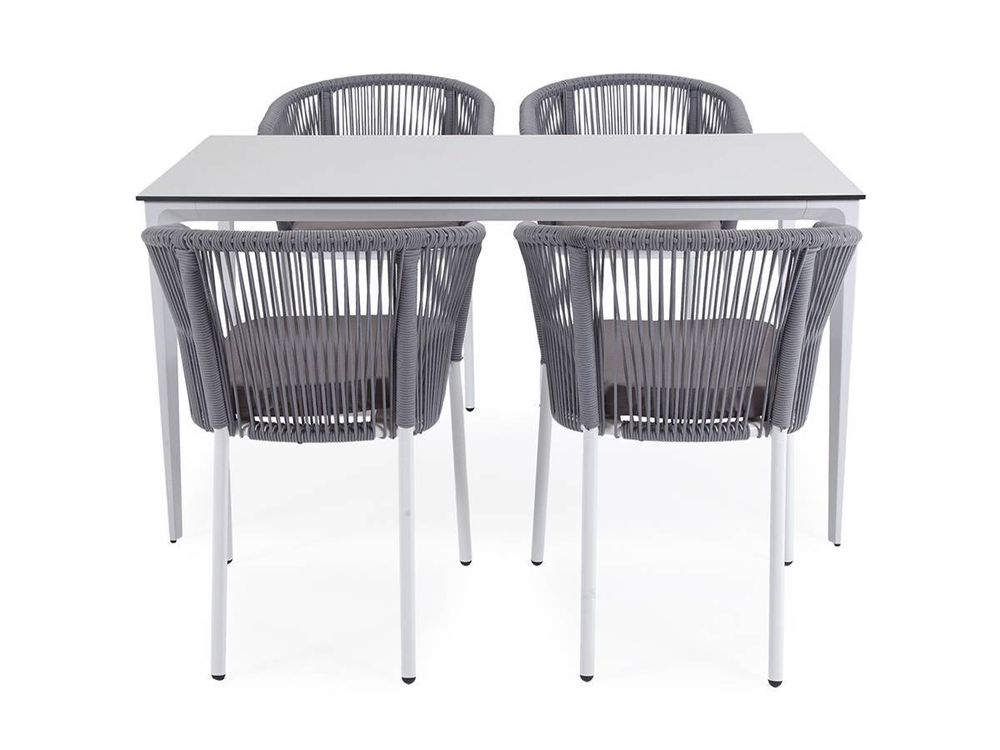 "Малага" обеденная группа на 4 персоны со стульями "Марсель", каркас белый, роуп светло-серый