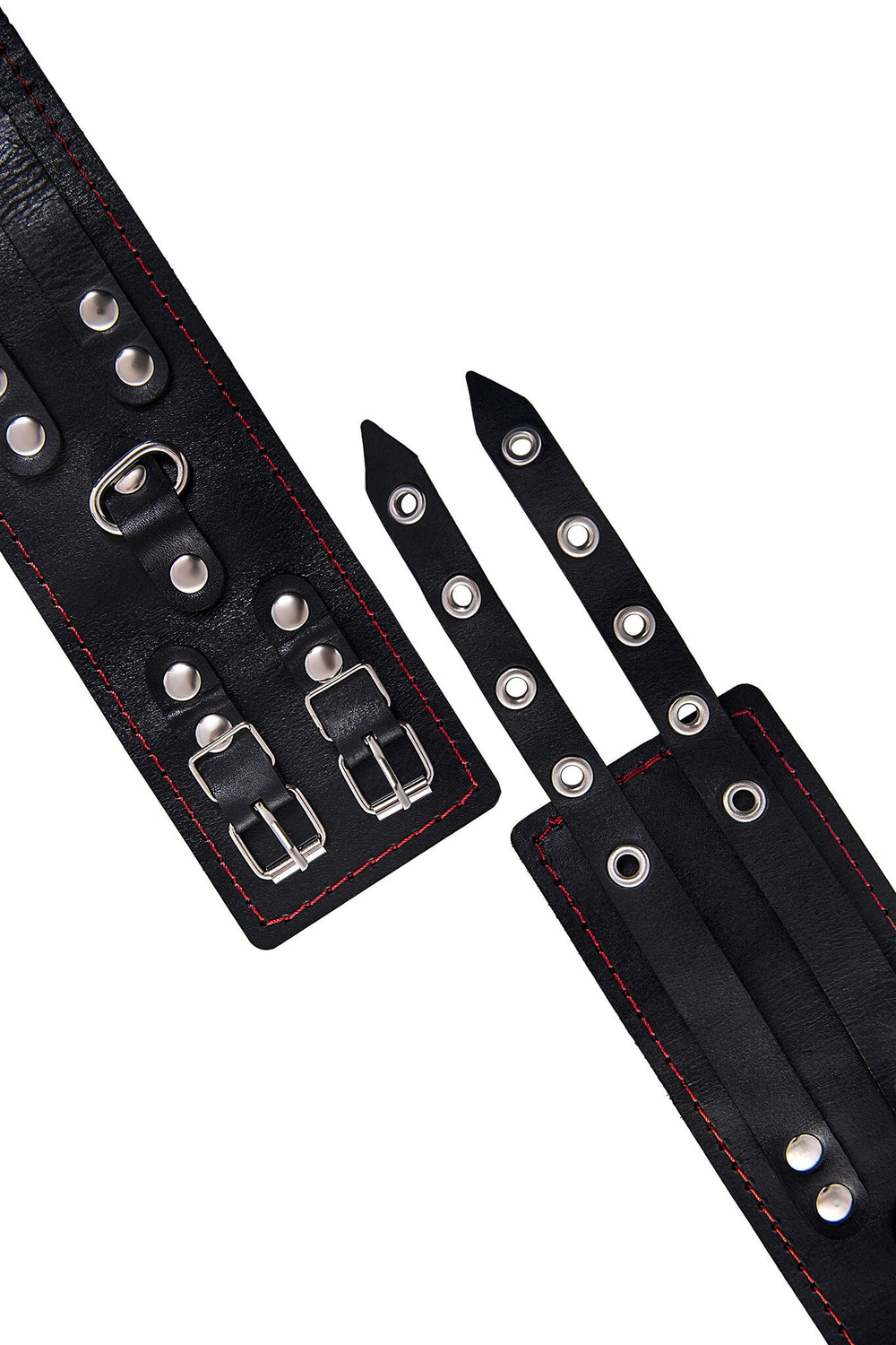 Черные кожаные оковы с двумя ремнями и контрастной строчкой (Цвет: черный)
