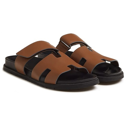 Hermes Chypre Calfskin Velcro Foot Flat Heel Fashion Sandals Men's Natural Color, H222000Z H43