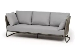 "Багамы" диван 3-местный плетеный из роупа, каркас алюминий бежево-серый (RAL7006) муар, роуп серо-коричневый 23мм, ткань светло-серая