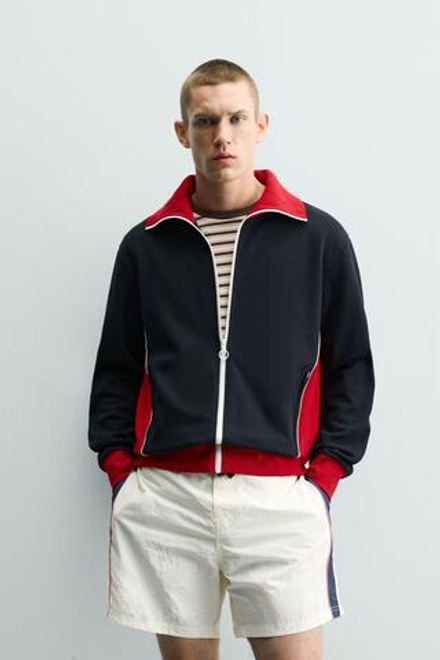 ZARA КУРТКА В СТИЛЕ КОЛОР-БЛОК РЕТРО, МОРСКОЙ СИНИЙ