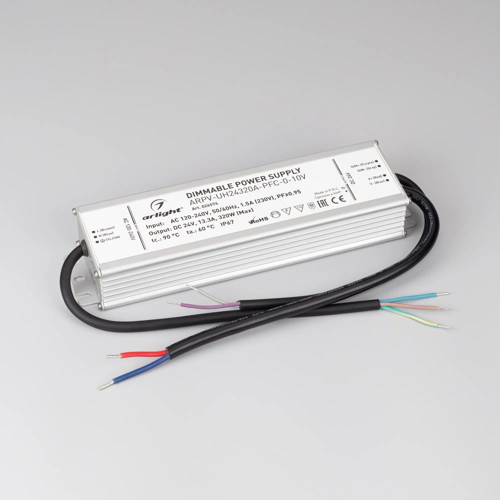 Блок питания ARPV-UH24320A-PFC-0-10V (24V, 13.3A, 320W) (Arlight, IP67 Металл, 7 лет) 026574