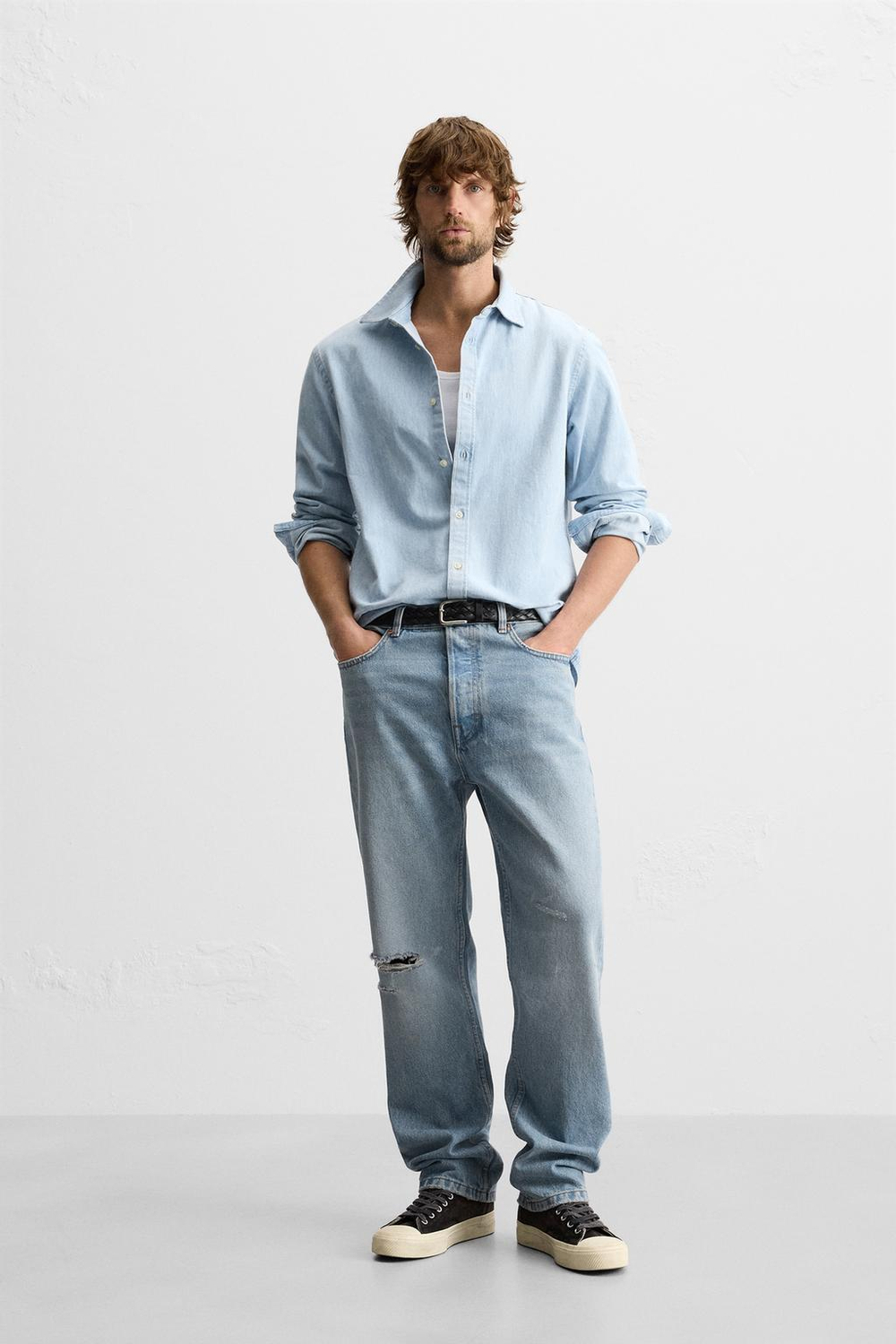 ZARА ДЖИНСОВАЯ РУБАШКА С ЭФФЕКТОМ ПОТЕРТОСТИ, ГОЛУБОЙ