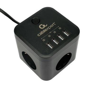 Сетевой фильтр Cablexpert Cube CUBE-3-U4-B-1.5, 3р, 10А, 4хUSB, 1.5м, ур.защиты 4+, коробка черный