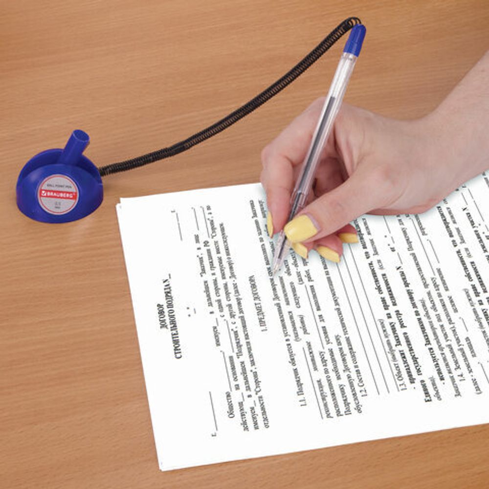 Ручка шариковая настольная BRAUBERG "Counter Pen", СИНЯЯ, пружинка, корпус синий, 0,5 мм, 143259