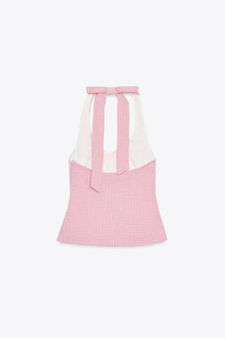 ZARA ТОП С ГОРЛОВИНОЙ ХАЛТЕР И БАНТОМ НА СПИНЕ, РОЗОВЫЙ/БЕЛЫЙ