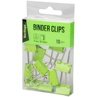 Зажимы для бумаг 19мм,10шт., цветные, ПВХ зеленые ( Berlingo)