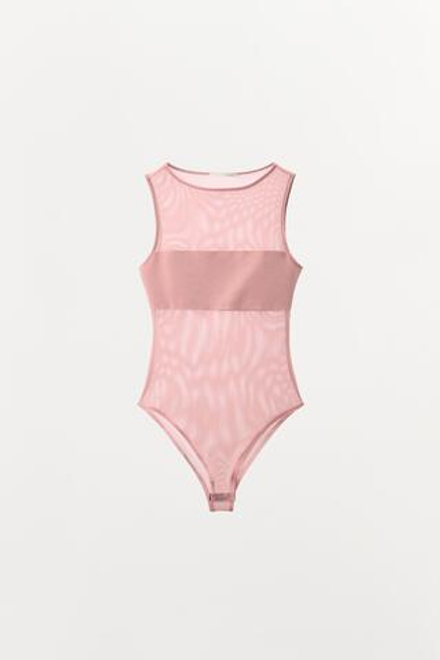 ZARA БОДИ ИЗ КОМБИНИРОВАННОЙ ТКАНИ, ПАСТЕЛЬНО-РОЗОВЫЙ